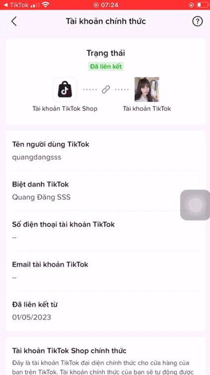 Kết quả như hình là bạn đã kết nối thành công tài khoản Tiktok shop với tài khoản tiktok